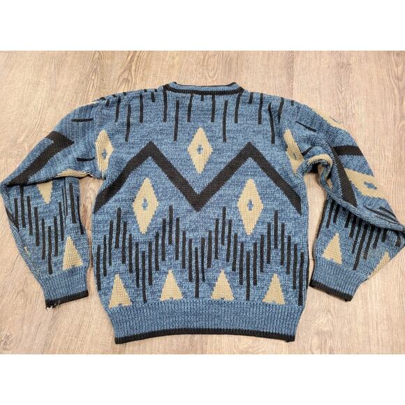 Vintage Atlantic Traders Sweater Mens M Blue Crewneck Leather Trim Geometric - Picture 4 of 4